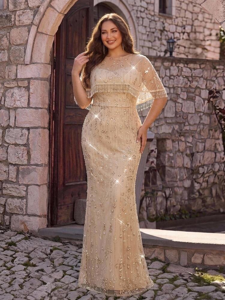 Aureia Plus Size Elegant Luxury Beaded Sequin Embroidered Tassel Shawl Dress For Wedding, Ball, Evening Party - Khaki - View 5