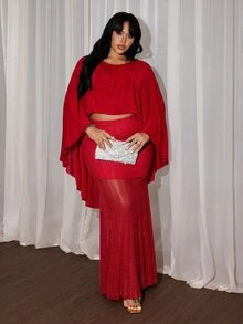 Rustia Setelan 2 Potong Ukuran Plus Seksi Atasan Syal Merah Mengkilap dan Rok Bodycon Ekor Ikan - Merah - View 7