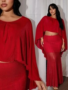 Rustia Setelan 2 Potong Ukuran Plus Seksi Atasan Syal Merah Mengkilap dan Rok Bodycon Ekor Ikan - Merah - View 1