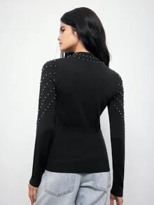 Maija Autumn Fashion Beaded Decor Knitted Top Brunch Dinner Black Elegant - Black - View 3