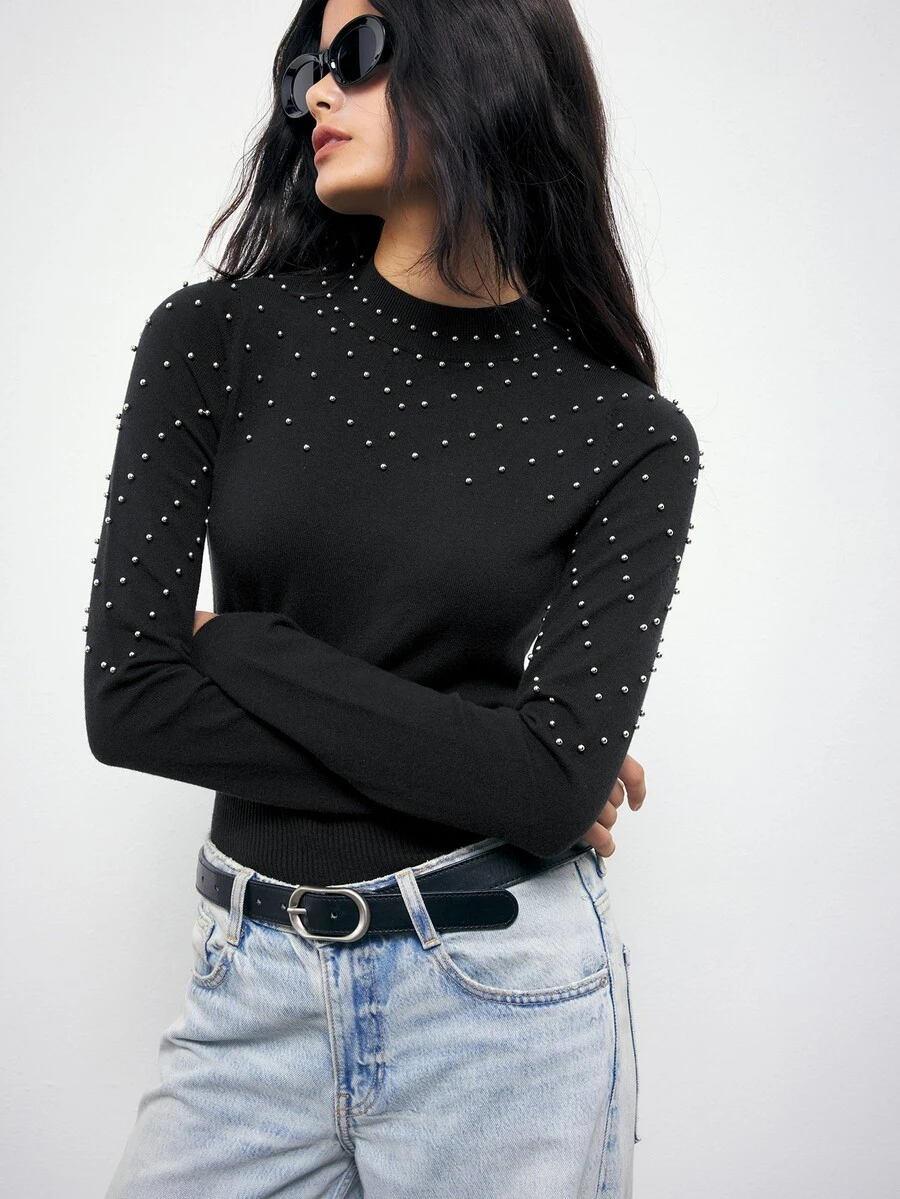 Maija Autumn Fashion Beaded Decor Knitted Top Brunch Dinner Black Elegant - Black - View 1