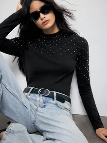 Maija Autumn Fashion Beaded Decor Knitted Top Brunch Dinner Black Elegant - Black - View 4