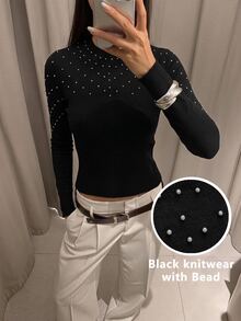 Maija Autumn Fashion Beaded Decor Knitted Top Brunch Dinner Black Elegant - Black - View 8