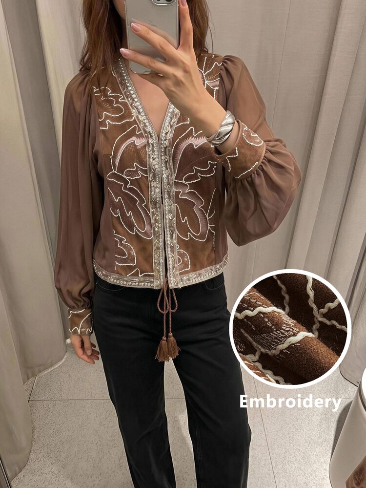 Maija Women's Casual Sequin Embroidered Patchwork Shirt, Autumn - Brown - View 2