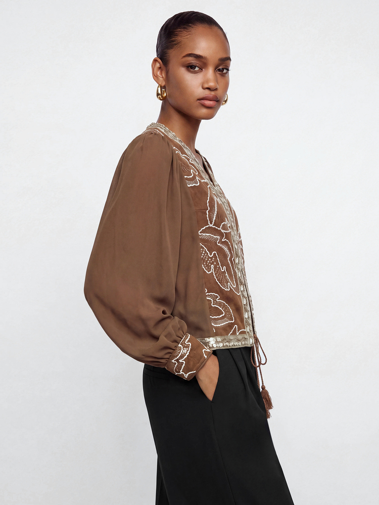 Maija Women's Casual Sequin Embroidered Patchwork Shirt, Autumn - Brown - View 4