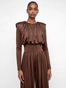 Maija Solid Ruched Wide Leg Jumpsuit - Coffee Brown - View 3
