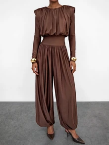 Maija Solid Ruched Wide Leg Jumpsuit - Coffee Brown - View 5
