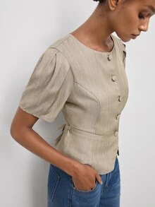 Maija Women's Solid Color Single-Breasted Short Petal Sleeve Casual Blazer,Going Out Outfits, Work Outfits For Women,Fall Clothes - Khaki - View 4