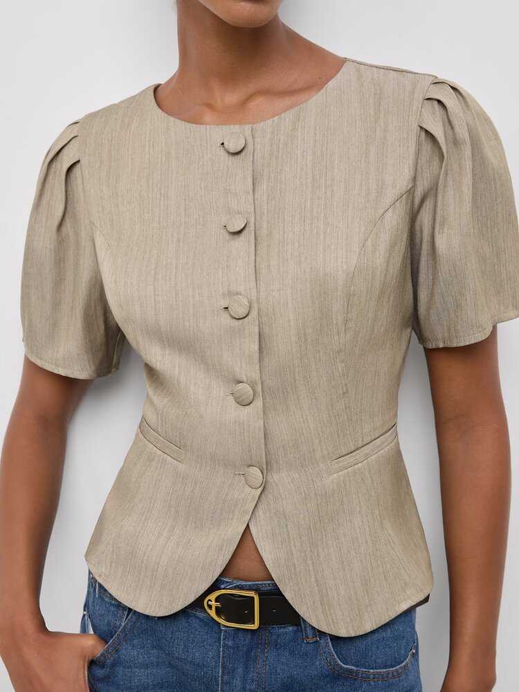 Maija Women's Solid Color Single-Breasted Short Petal Sleeve Casual Blazer,Going Out Outfits, Work Outfits For Women,Fall Clothes - Khaki - View 5