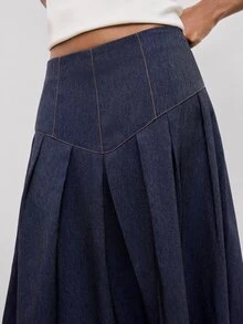 Maija Women's Pleated Design Elegant Casual Commuter Skirt, Going Out Everyday Outfits, Work, Fall Clothes - Dark Wash - View 4