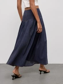 Maija Women's Pleated Design Elegant Casual Commuter Skirt, Going Out Everyday Outfits, Work, Fall Clothes - Dark Wash - View 5