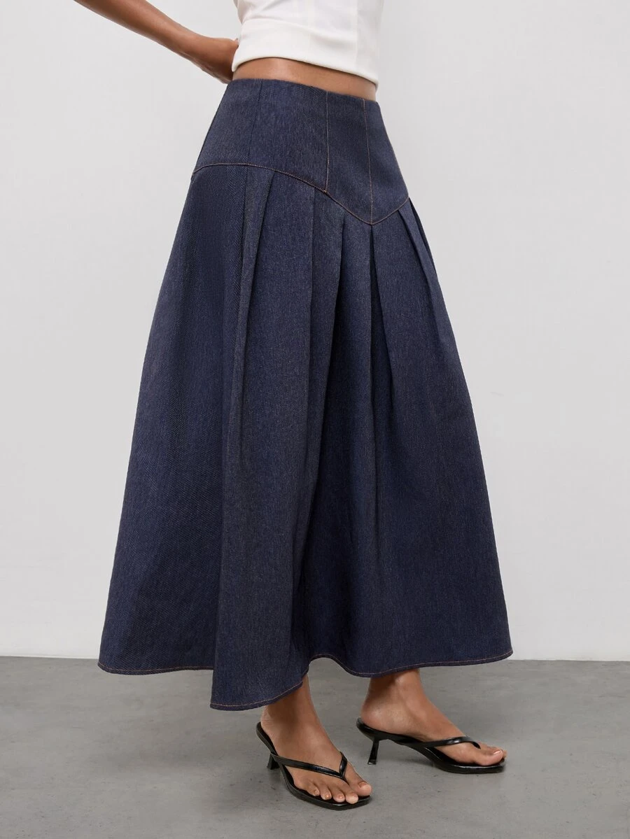 Maija Women's Pleated Design Elegant Casual Commuter Skirt, Going Out Everyday Outfits, Work, Fall Clothes - Dark Wash - View 1