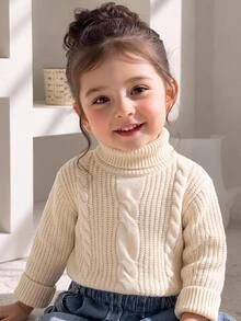 SHEIN Baby Girl Baby Boy Textured Jacquard Cable Knit High Neck Long Sleeve Thick Pullover Autumn Top Suitable For Winter - Beige - View 1