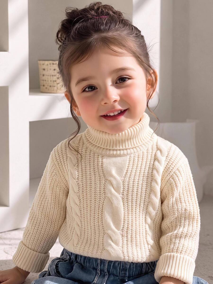 SHEIN Baby Girl Baby Boy Textured Jacquard Cable Knit High Neck Long Sleeve Thick Pullover Autumn Top Suitable For Winter - Beige - View 1
