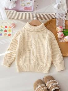 SHEIN Baby Girl Baby Boy Textured Jacquard Cable Knit High Neck Long Sleeve Thick Pullover Autumn Top Suitable For Winter - Beige - View 3