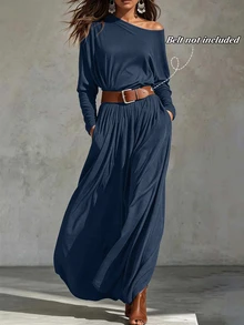 Balvessa Asymmetric Neck Cold Shoulder Long Sleeve Elastic Waist Ruched Flared Draped Dress For Women - Blue - View 1