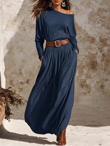 Balvessa Asymmetric Neck Cold Shoulder Long Sleeve Elastic Waist Ruched Flared Draped Dress For Women - Blue - View 4