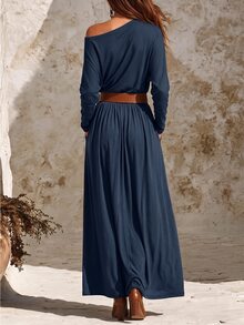 Balvessa Asymmetric Neck Cold Shoulder Long Sleeve Elastic Waist Ruched Flared Draped Dress For Women - Blue - View 2