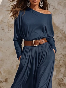 Balvessa Asymmetric Neck Cold Shoulder Long Sleeve Elastic Waist Ruched Flared Draped Dress For Women - Blue - View 6