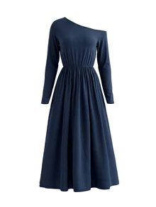 Balvessa Asymmetric Neck Cold Shoulder Long Sleeve Elastic Waist Ruched Flared Draped Dress For Women - Blue - View 3
