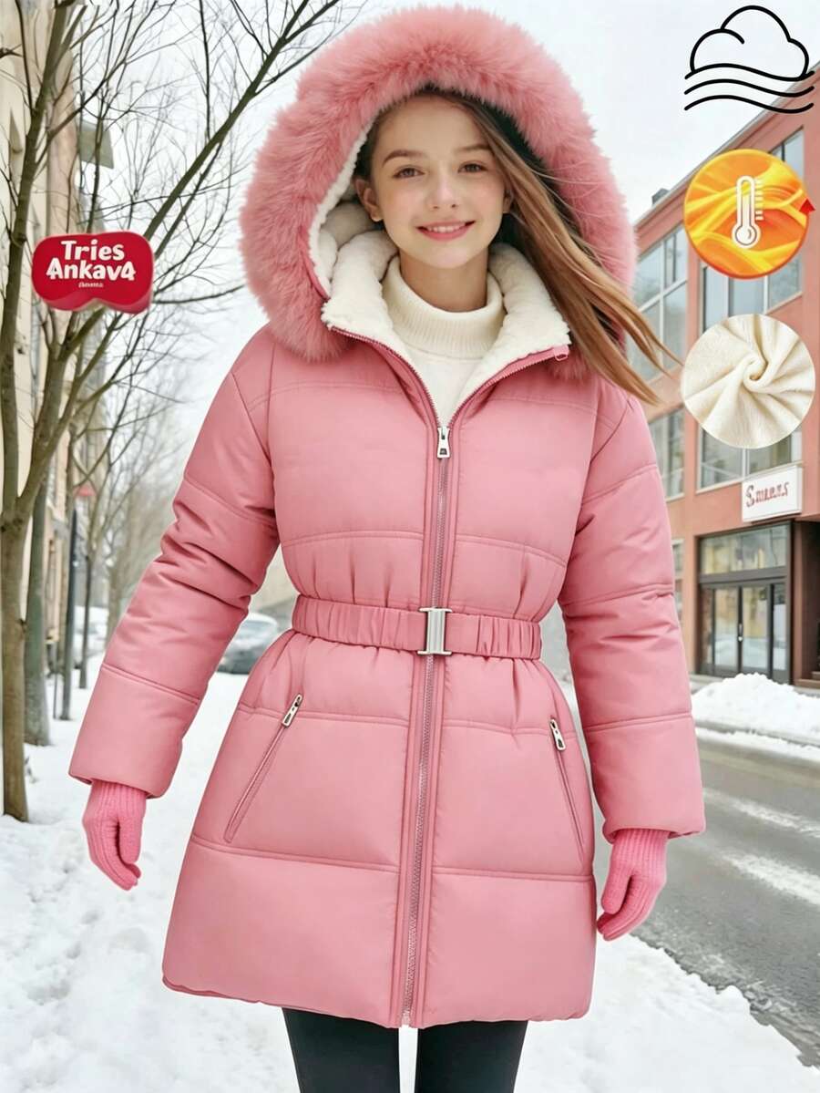 SHEIN 女童休閒可愛牛仔風時尚加厚外套，絎縫設計，連帽領，寬鬆版型，粉色校園社團冬季款 - 藕粉色 - 查看 1