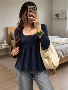 Lalippa Women's Long Sleeve Square Neck High Waist Button Ruffle Hem Top - Royal Blue - View 5