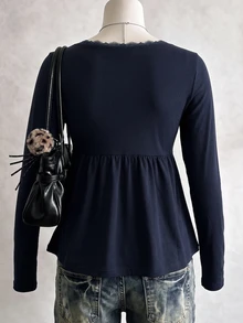 Lalippa Women's Long Sleeve Square Neck High Waist Button Ruffle Hem Top - Royal Blue - View 2