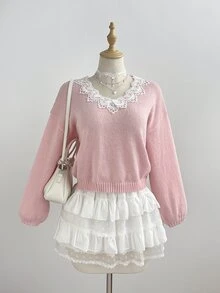 LUMIGAL Women's Soft Pink Sweet Romantic French Elegant Cute Lace Trim Collar Daily Commute Everyday Brunch Tea Party Date Autumn/Winter Pullover Sweater - Pink - View 7