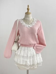LUMIGAL Women's Soft Pink Sweet Romantic French Elegant Cute Lace Trim Collar Daily Commute Everyday Brunch Tea Party Date Autumn/Winter Pullover Sweater - Pink - View 6