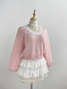 LUMIGAL Women's Soft Pink Sweet Romantic French Elegant Cute Lace Trim Collar Daily Commute Everyday Brunch Tea Party Date Autumn/Winter Pullover Sweater - Pink - View 8
