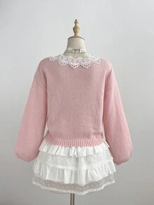 LUMIGAL Women's Soft Pink Sweet Romantic French Elegant Cute Lace Trim Collar Daily Commute Everyday Brunch Tea Party Date Autumn/Winter Pullover Sweater - Pink - View 3