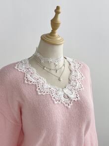 LUMIGAL Women's Soft Pink Sweet Romantic French Elegant Cute Lace Trim Collar Daily Commute Everyday Brunch Tea Party Date Autumn/Winter Pullover Sweater - Pink - View 5