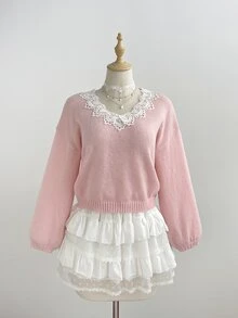 LUMIGAL Women's Soft Pink Sweet Romantic French Elegant Cute Lace Trim Collar Daily Commute Everyday Brunch Tea Party Date Autumn/Winter Pullover Sweater - Pink - View 9