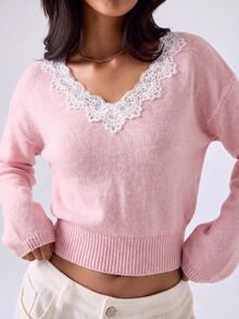 LUMIGAL Women's Soft Pink Sweet Romantic French Elegant Cute Lace Trim Collar Daily Commute Everyday Brunch Tea Party Date Autumn/Winter Pullover Sweater - Pink - View 10