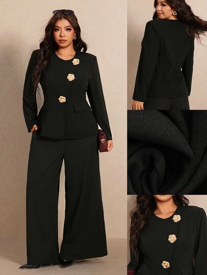 Elaquor Elegant blazer för kvinnor i plus size med lång ärm, metallknappar med 3D-blommor, elegant kostymset för höst/vinter, kontor, affärer och arbete för kvinnor