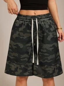 SHEIN PETITE Women's Fashion Camouflage Print Drawstring Waist Pocket Shorts Campus - Army Green - View 6