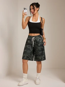 SHEIN PETITE Women's Fashion Camouflage Print Drawstring Waist Pocket Shorts Campus - Army Green - View 4