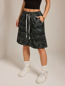 SHEIN PETITE Women's Fashion Camouflage Print Drawstring Waist Pocket Shorts Campus - Army Green - View 8