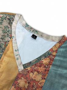 SHEIN LUNE Women's Vintage Floral Pattern V-Neck Short Sleeve Casual Loose Top Suitable For Daily Wear, Work, Travel And Vacation - Multicolor - View 6