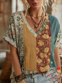 SHEIN LUNE Women's Vintage Floral Pattern V-Neck Short Sleeve Casual Loose Top Suitable For Daily Wear, Work, Travel And Vacation - Multicolor - View 2