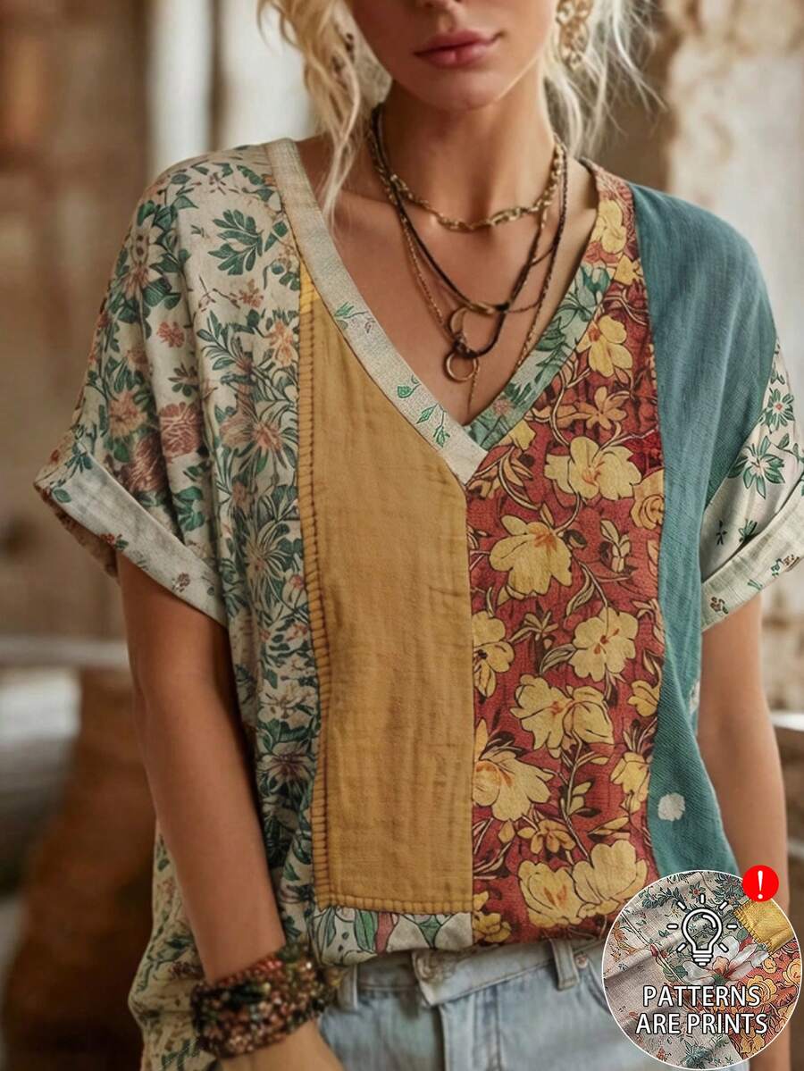SHEIN LUNE Women's Vintage Floral Pattern V-Neck Short Sleeve Casual Loose Top Suitable For Daily Wear, Work, Travel And Vacation