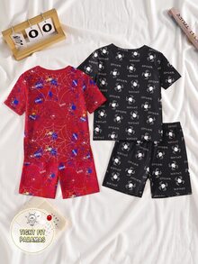 【随机发货6套，发2套】男童睡衣，春夏新款热销酷炫超级英雄、蜘蛛侠、涂鸦、字母印花针织紧身弹力面料短袖短裤四件套家居服，街头风睡衣（随机发货） - 彩色 - 查看 2