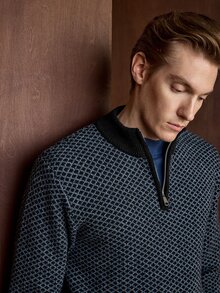 Manfinity Homme 男士 1/4 拉鍊長袖格紋時尚休閒百搭毛衣 適合辦公工作 黑色 秋季 - 藏蓝色 - 查看 8