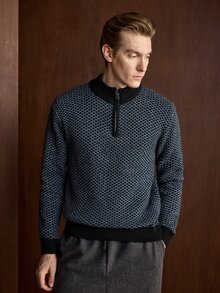 Manfinity Homme 男士 1/4 拉鍊長袖格紋時尚休閒百搭毛衣 適合辦公工作 黑色 秋季 - 藏蓝色 - 查看 4