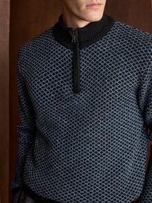 Manfinity Homme 男士 1/4 拉鍊長袖格紋時尚休閒百搭毛衣 適合辦公工作 黑色 秋季 - 藏蓝色 - 查看 9