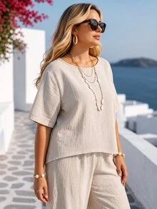 Ceyna Plus Size Women's Casual Baggy Soft Form Grey Linen Pants Set, Round Neck Short Sleeve Top, Street Style Daily Vacation Workwear Formal Summer - Khaki - View 6