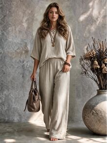 Ceyna Plus Size Women's Casual Baggy Soft Form Grey Linen Pants Set, Round Neck Short Sleeve Top, Street Style Daily Vacation Workwear Formal Summer - Khaki - View 1
