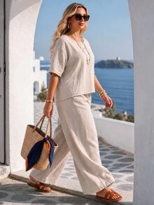 Ceyna Plus Size Women's Casual Baggy Soft Form Grey Linen Pants Set, Round Neck Short Sleeve Top, Street Style Daily Vacation Workwear Formal Summer - Khaki - View 5