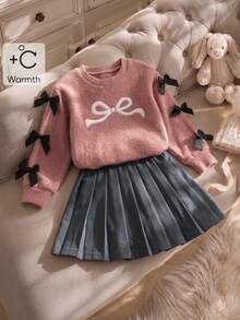 SHEIN Elladie kids Young Girls Bowknot Knit Sweater & Pleated Skirt Set, Long Sleeve Knitwear 2pcs Outfits, Cute Pink Preppy Style Clothes For Winter - Pink - View 4