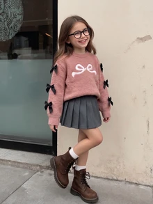 SHEIN Elladie kids Young Girls Bowknot Knit Sweater & Pleated Skirt Set, Long Sleeve Knitwear 2pcs Outfits, Cute Pink Preppy Style Clothes For Winter - Pink - View 10